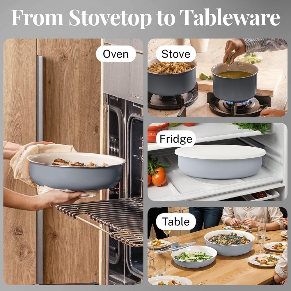 Gray and Cream Aluminum Ceramic Nonstick Cookware Set with Detachable Handles