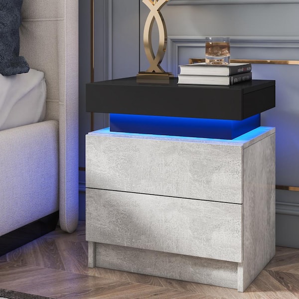 Hommpa 2-Drawer LED Gray and Black Nightstand 20.5 in. H x 17.7 in. W x 13.8 in. D