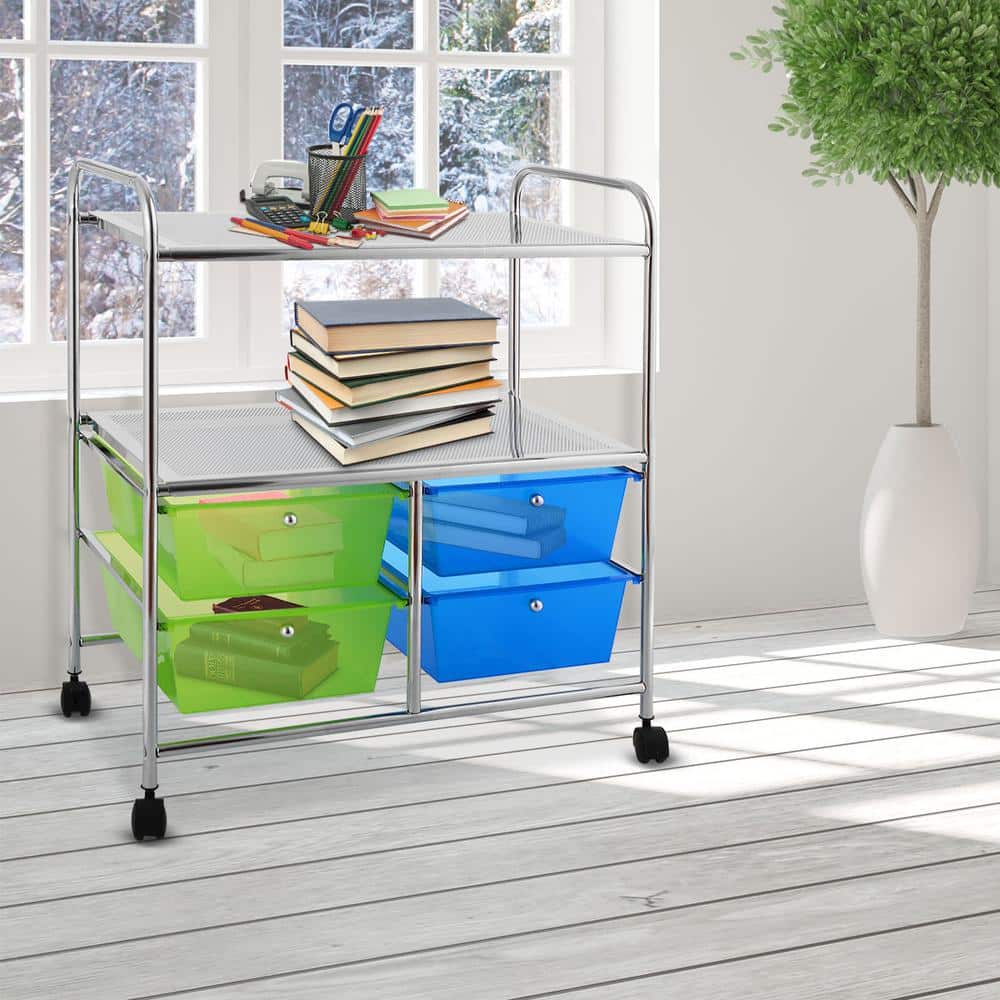 Green and Blue 4-Drawer Rolling Storage Cart with Metal Shelves