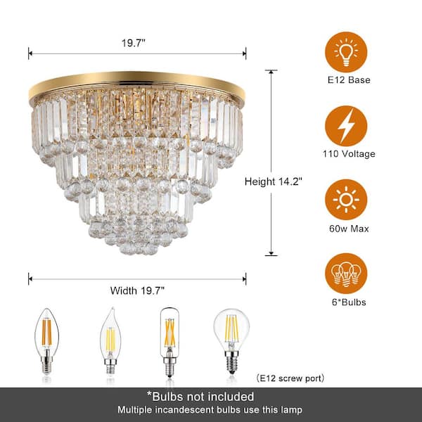 6-Light 19.7 in. W Gold Luxury Crystal Chandeliers Modern Ceiling Light Fixtures for Bedroom, Living Room, No Bulbs