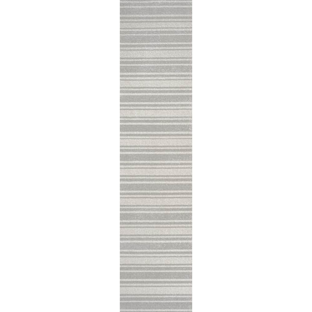 Cream and Light Gray Striped Washable Runner Rug