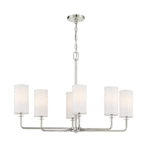 Powell 35 in. W x 23 in. H 6-Light Polished Nickel Chandelier with Tall Cylindrical White Fabric Shades