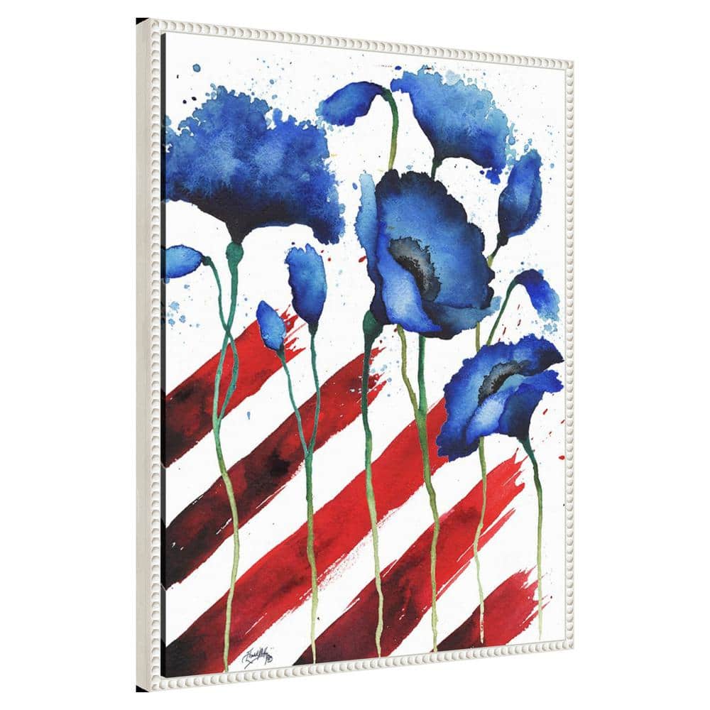 Patriotic Floral II Blue and Red Canvas Wall Art with White Frame