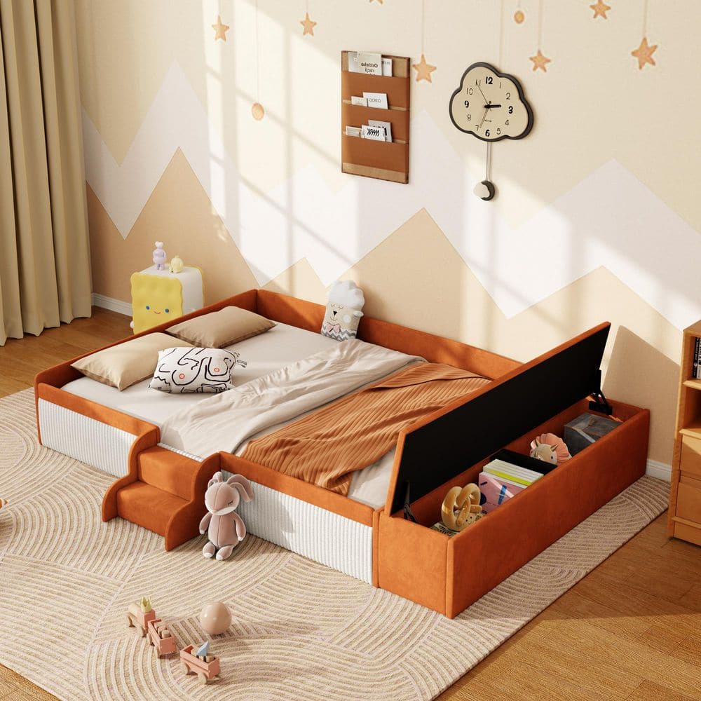 Cathy Brown+White Wood Frame Velvet Upholstered Full Platform Bed Kids Bed with Storage Ottoman, Staircase, Guardrails price history on PriceWatchPro
