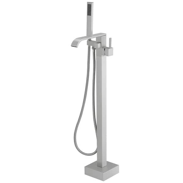Single-Handle Floor Mount Freestanding Bathtub Faucet Waterfall Tub Filler with Handheld Shower in Brushed Nickel