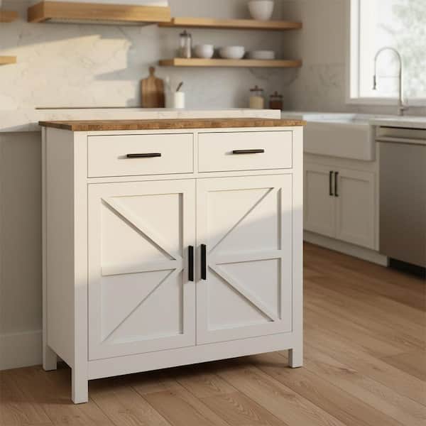 APZKY 31.5 in. Almond Cream Modern Farmhouse Accent Cabinet with 2-Doors and 2-Drawers