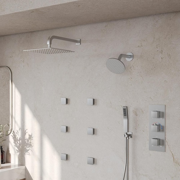 GRANDJOY Dual Showerheads 8-Spray Wall Mount 12 in. Fixed and Handheld Shower Head 2.5 GPM in Brushed Nickel Valve Included