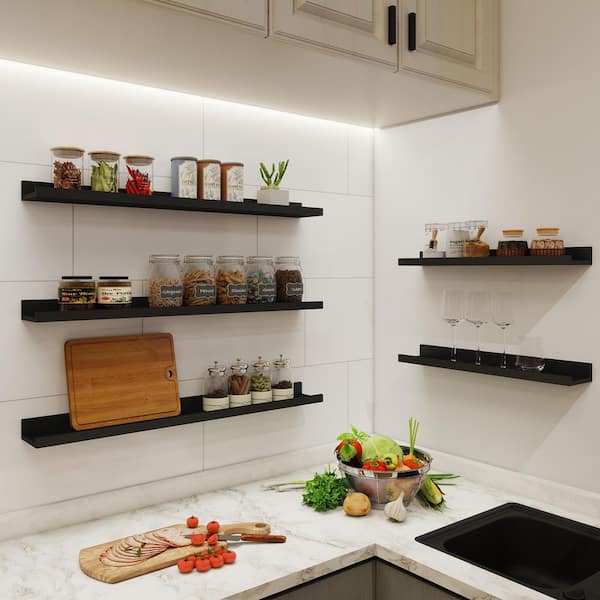 56 in. W x 4.7 in. D Black Manufactured Wood Decorative Wall Shelves with Picture Ledge (2-Pack)