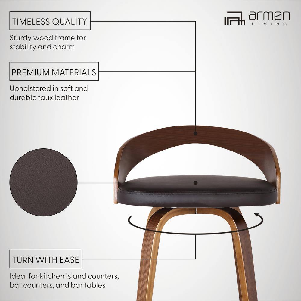 Walnut Wood Finish Swivel Counter Stool with Brown Faux Leather