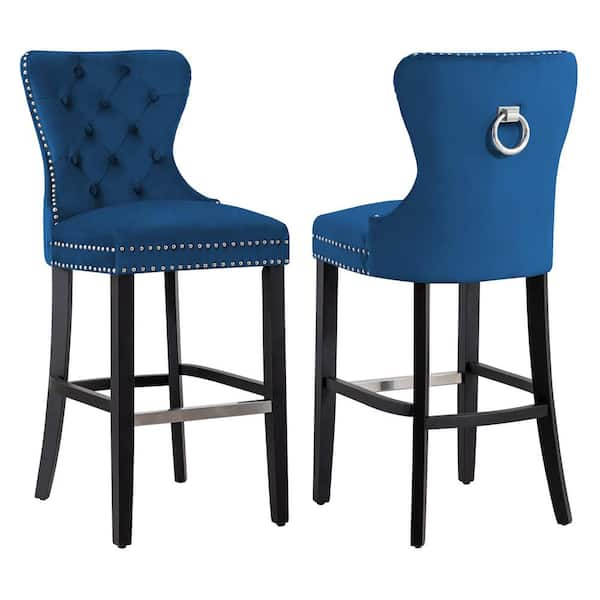 WESTINFURNITURE Harper 29 in. Royal Blue Velvet Tufted Wingback Kitchen Counter Bar Stool with Black Solid Wood Frame (Set of 2)