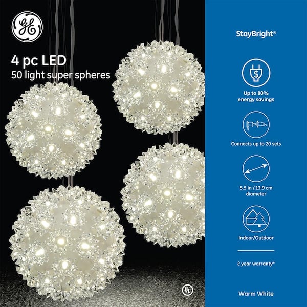 Undertrykke øjeblikkelig Sammenligning GE Stay Bright LED 5.5 in. 50-Light Warm White Decorative Super Sphere  (4-Piece) 99310HD - The Home Depot