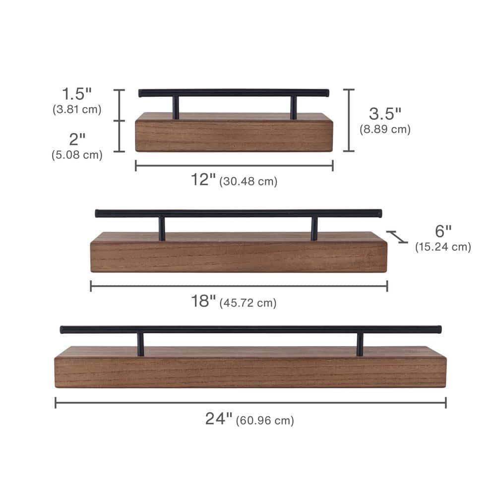 Rustic Natural Wood 3-Piece Floating Wall Shelf Set with Metal Railing