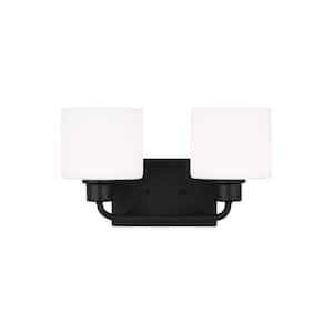 Canfield 14.25 in. 2-Light Midnight Black Minimalist Modern Wall Bathroom Vanity Light with Etched White Glass Shades