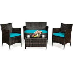 4-Pieces Wicker Outdoor Patio Conversation Set Rattan Sofa Set with CushionGuard Turquoise Cushions and Glass Table