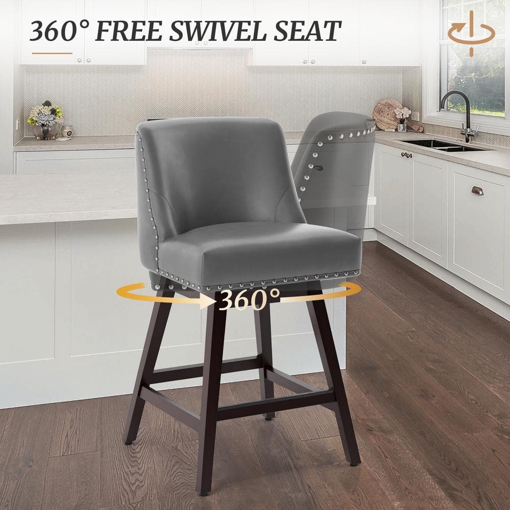 26" Dark Gray Faux Leather Swivel Bar Stools with Wood Legs, Set of 4