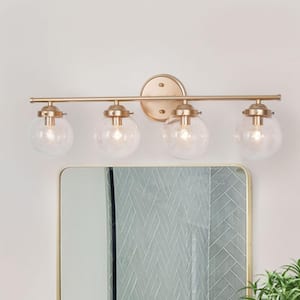 Vintage Antique Gold Bathroom Vanity Light, 26.5 in. 4-Light Modern Farmhouse Wall Sconce with Clear Seeded Glass Shades