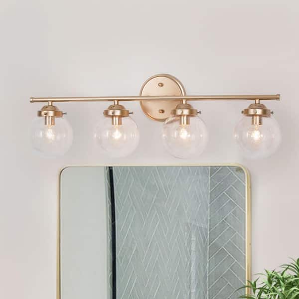 LNC Vintage Antique Gold Bathroom Vanity Light, 26.5 in. 4-Light Modern Farmhouse Wall Sconce with Clear Seeded Glass Shades