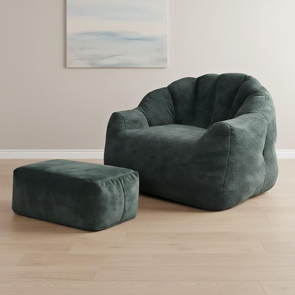 39.37 in. W Green Flannelette Medium Bean Bag with Ottoman for Living Room