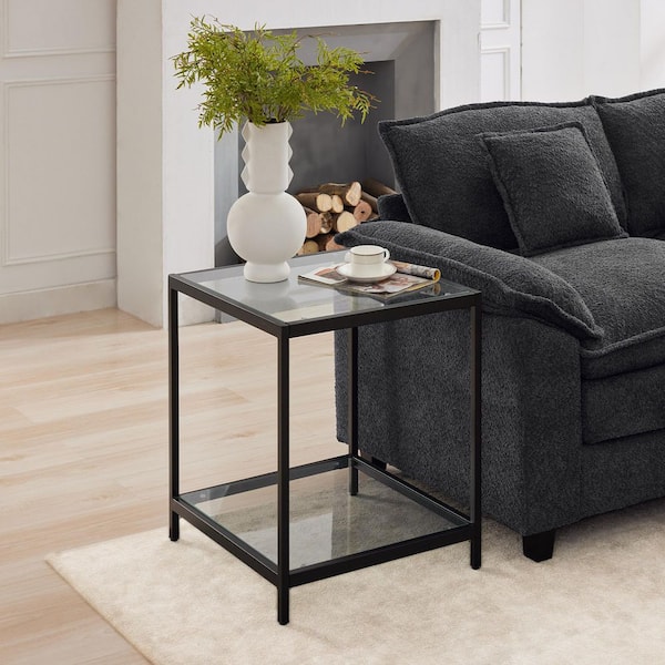 JEAREY 20 in. Black Square 2-Tier Tempered Glass End Table, Side Accent Table with Metal Frame for Living Room or Bedroom