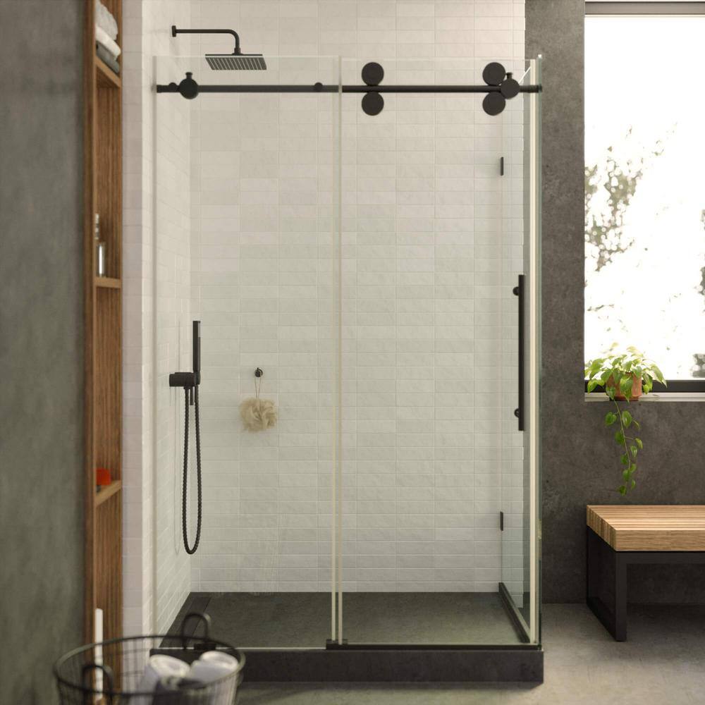48.25'' Black Tempered Glass Sliding Frameless Shower Door