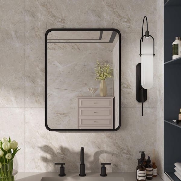 FORIOUS 22 in. W x 30 in. H Large Rectangular Single Aluminum Framed Wall Mount Bathroom Vanity Mirror in Black