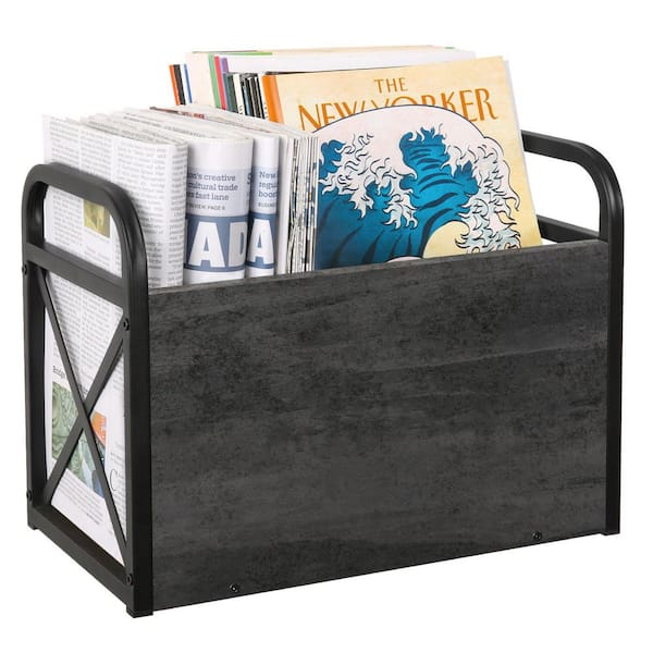 Wood Magazine Holder Rack Floor-Storage Basket for Books, Newspapers, Tablets, Grey, 14.17 in. x 7.48 in. x 10.43 in.
