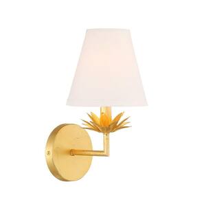6 in. W x 12 in. H 1-Light True Gold Wall Sconce with White Linen Shade