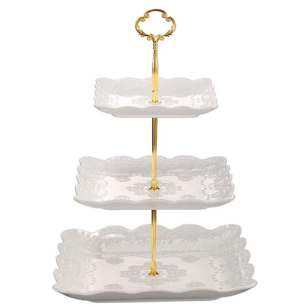 3-Tier White Porcelain Cake Stand with Embossed Design, Detachable Tiered Serving Tray for Weddings, Parties, Birthdays