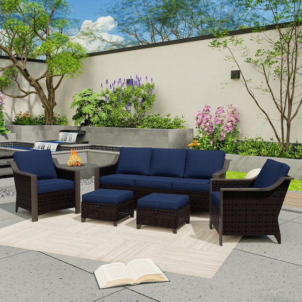 5-Piece Wicker Outdoor Patio Furniture Patio Conversation Set with Blue Cushions
