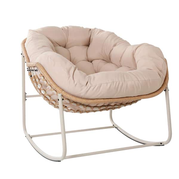 PATIOGUARDER Patio Oversized Beige Wicker Egg Outdoor Rocking Chair with Beige Cushion