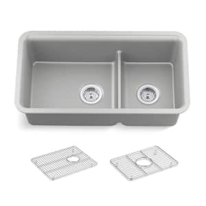 Cairn Matte Grey Solid Surface 33 .5 in. Double Bowl Undermount Kitchen Sink