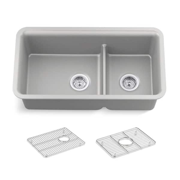 Cairn Matte Grey Granite Composite 33 .5 in. Double Bowl Undermount Kitchen Sink