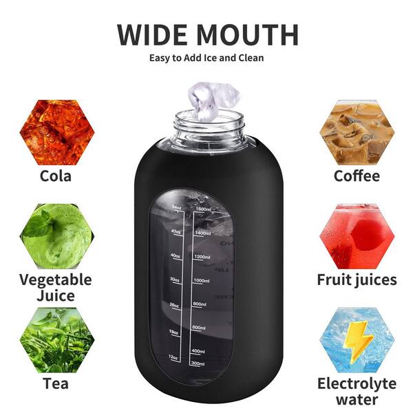 Wudkey 32 oz Black Glass Water Bottle with Straw, Time Marker, Two Lids, Leakproof Design, and Silicone Sleeve