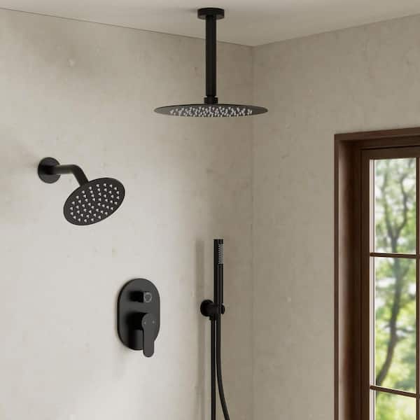 Rainspire Double Handles 3-Spray 10 in. and 6 in. Ceiling Mount Shower Faucet with Anti Scald 1.8 GPM in Matte Black