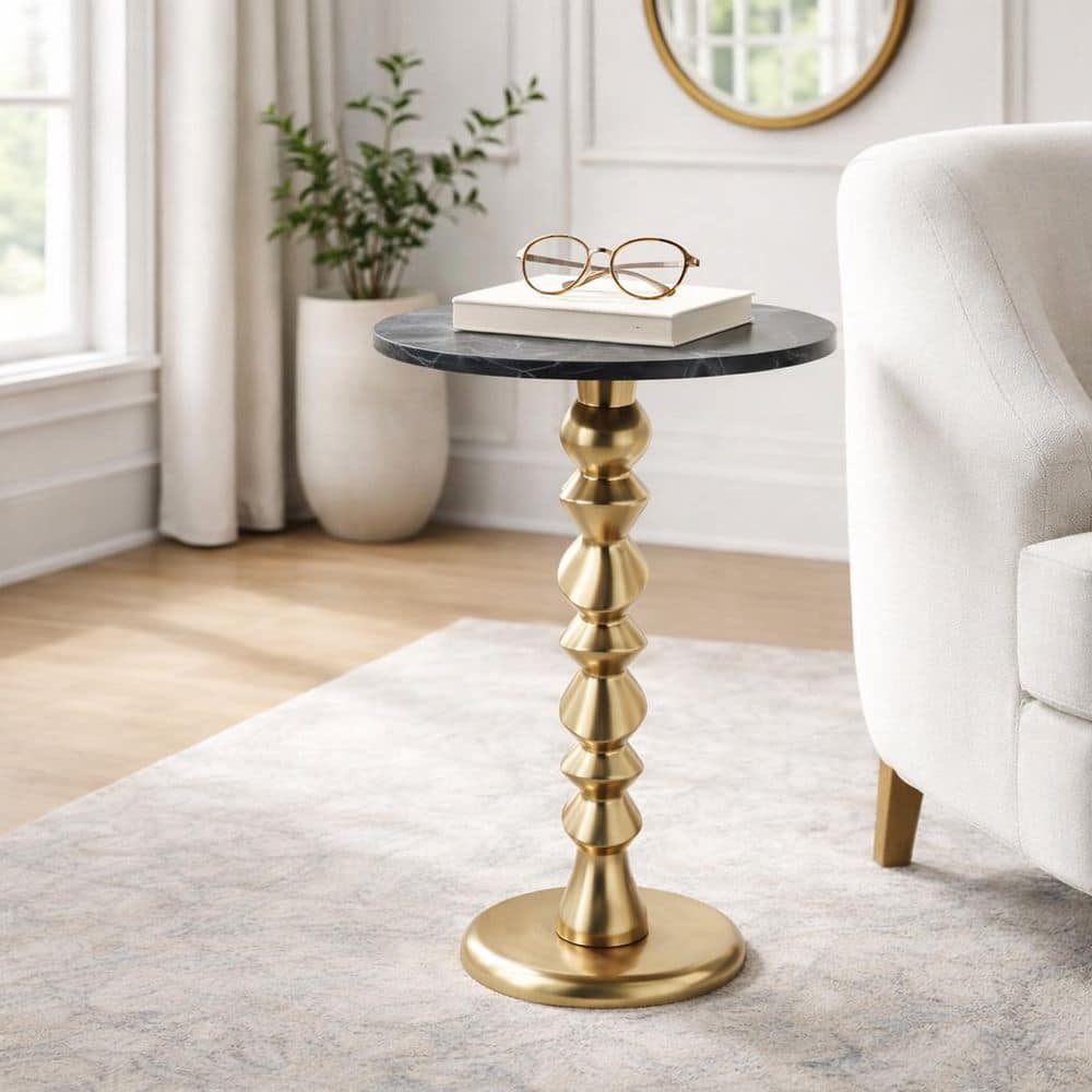 16.5 in. Black Round Marble Top End Table with Sculptural Base