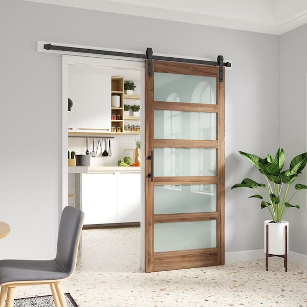 38 in. x 84 in. 5 Lite Frosted Glass Brown Finished Solid Wood Sliding Barn Door with Hardware Kit