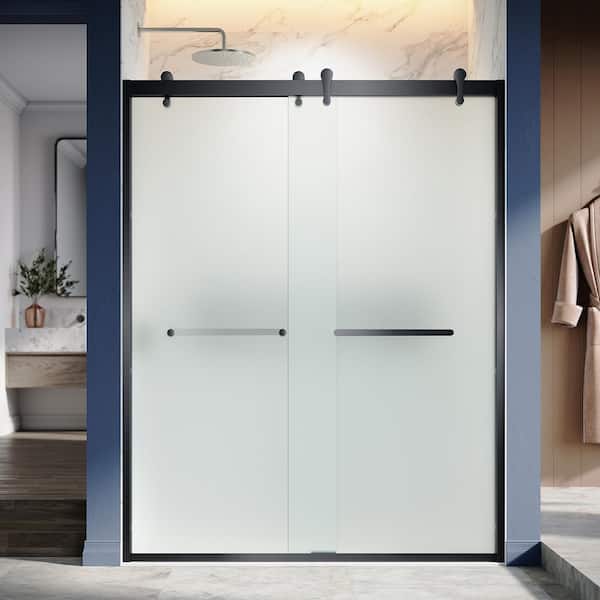 UNIKOO UKD08 60 in. W x 76 in. H Double Sliding Semi-Frameless Shower Door in Matte Black EnduroShield 5/16 in. Acid-Etch Glass