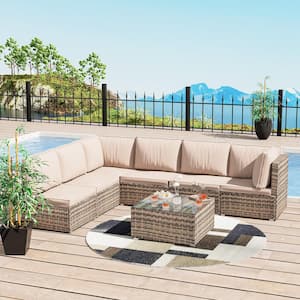 Espresso Brown 7-Piece Outdoor PE Wicker Rattan Sectional Patio Conversation Set with Beige Seat and Back Cushions