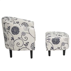 Gray Linen Floral Accent Club Chair with Ottoman and Pinewood Leg