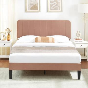 Upholstered Bed Brown Full Bed Platform Bed Frame with Adjustable Headboard Strong Wooden Slats Support Bed Frame