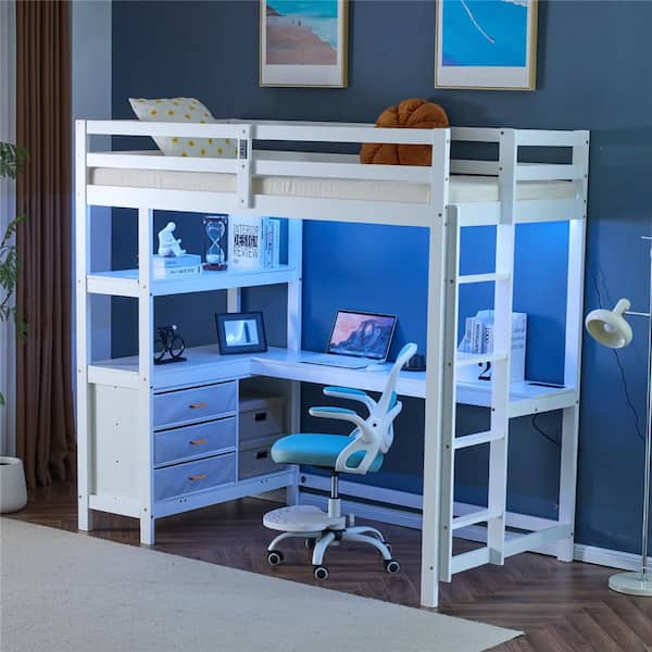 White Twin Size Wood Loft Bed with RGB LED and Storage Drawers