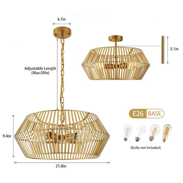 LamQee 4-Light Antique Gold Geometric Chandelier with Caged Metal 