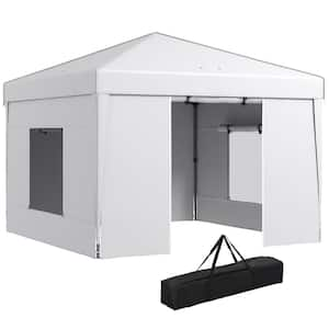 Outdoor 9.7 ft. x 9.7 ft. Pop Up Canopy Tent with Sidewalls, 2 Mesh Windows, Reflective Strips, Carry Bag in White