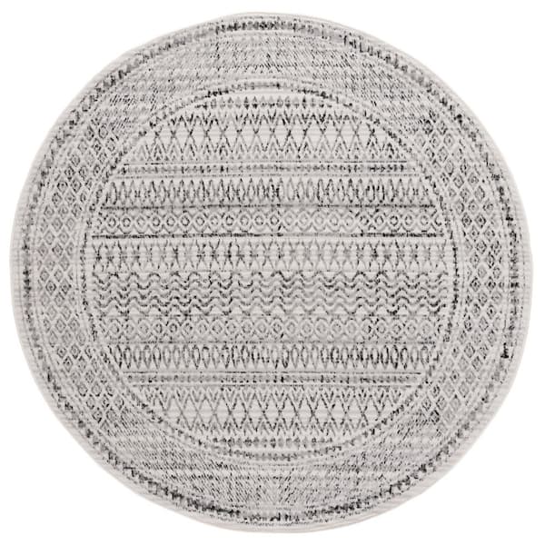 Temple 7 ft. x 7 ft. Round Ivory/Gray Black Tribal Moroccan Stripe Area Rug
