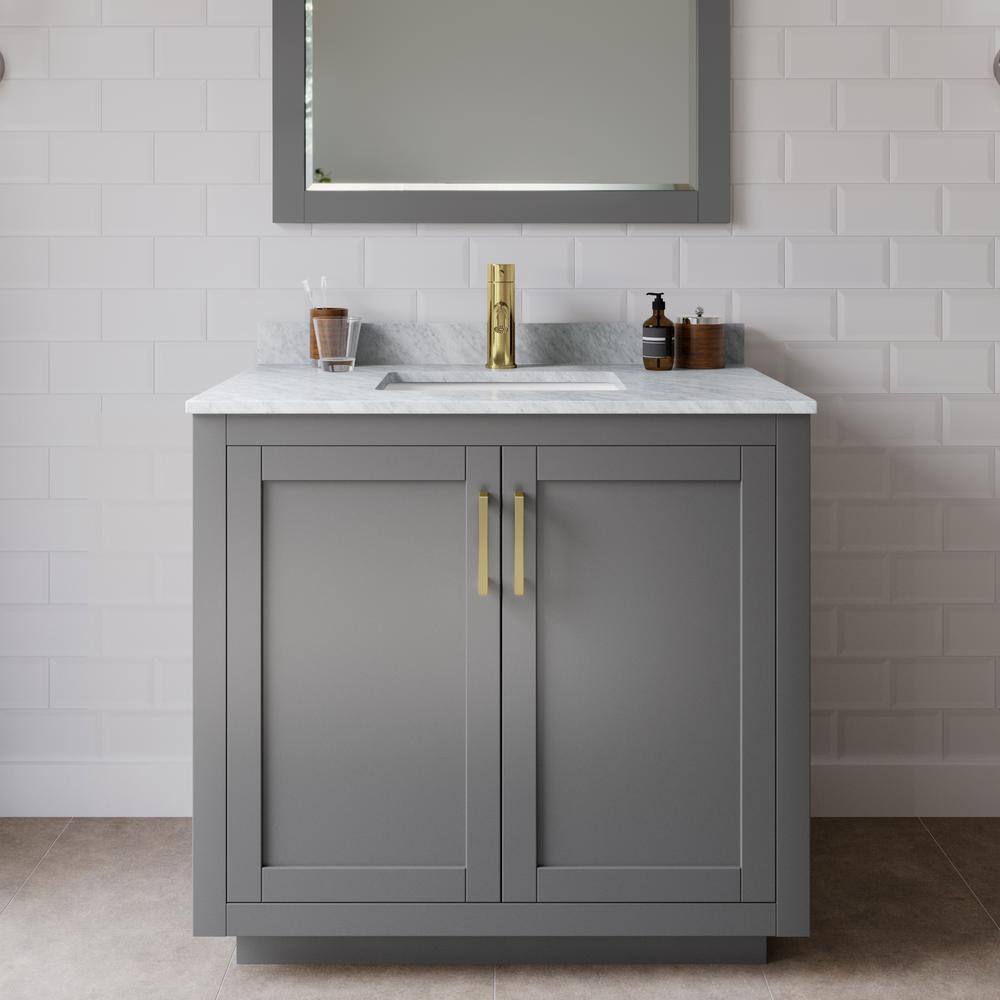 Miranda 36" Gray Wood and Carrara Marble Vanity with Gold Trim