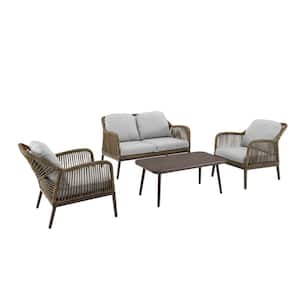 Haven Light Brown 4-Piece Wicker Patio Conversation Set with Light Gray Cushions