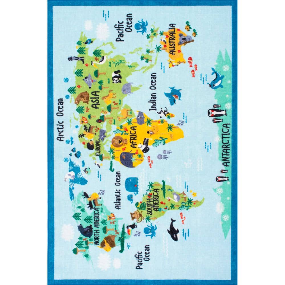 nuLOOM Animal World Map Baby Blue 8 ft. x 10 ft. Area Rug MCGZ10A8010