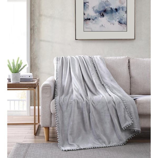 The Nesting Company Walnut Flannel Pompom 50 in. x 70 in. Throw Gray