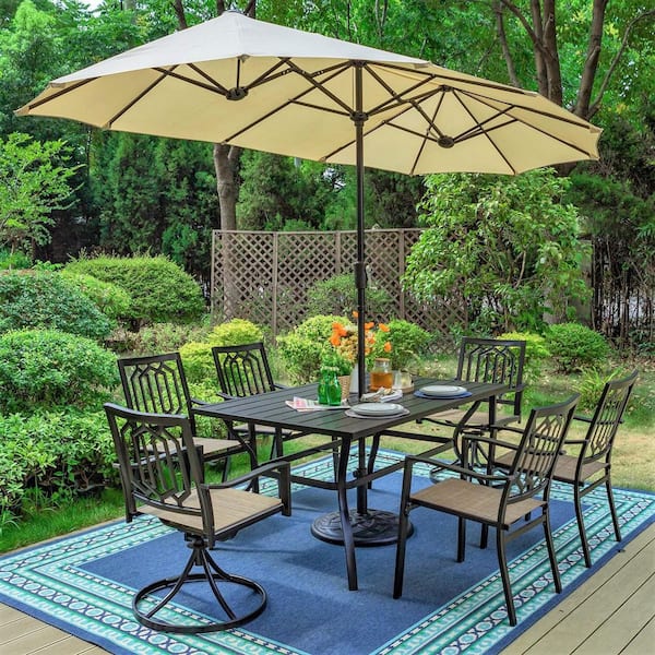 PHI VILLA Black 8-Piece Metal Patio Outdoor Dining Set with Slat Rectangle Table and Fashion Chairs