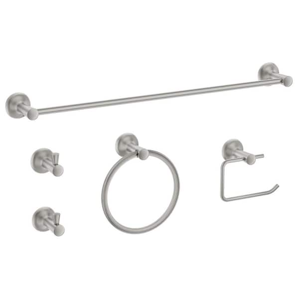 5-Piece Bath Hardware with Towel Bar, Towel Ring, Toilet Paper Holder, 2 Towel Hooks in Brushed Nickel